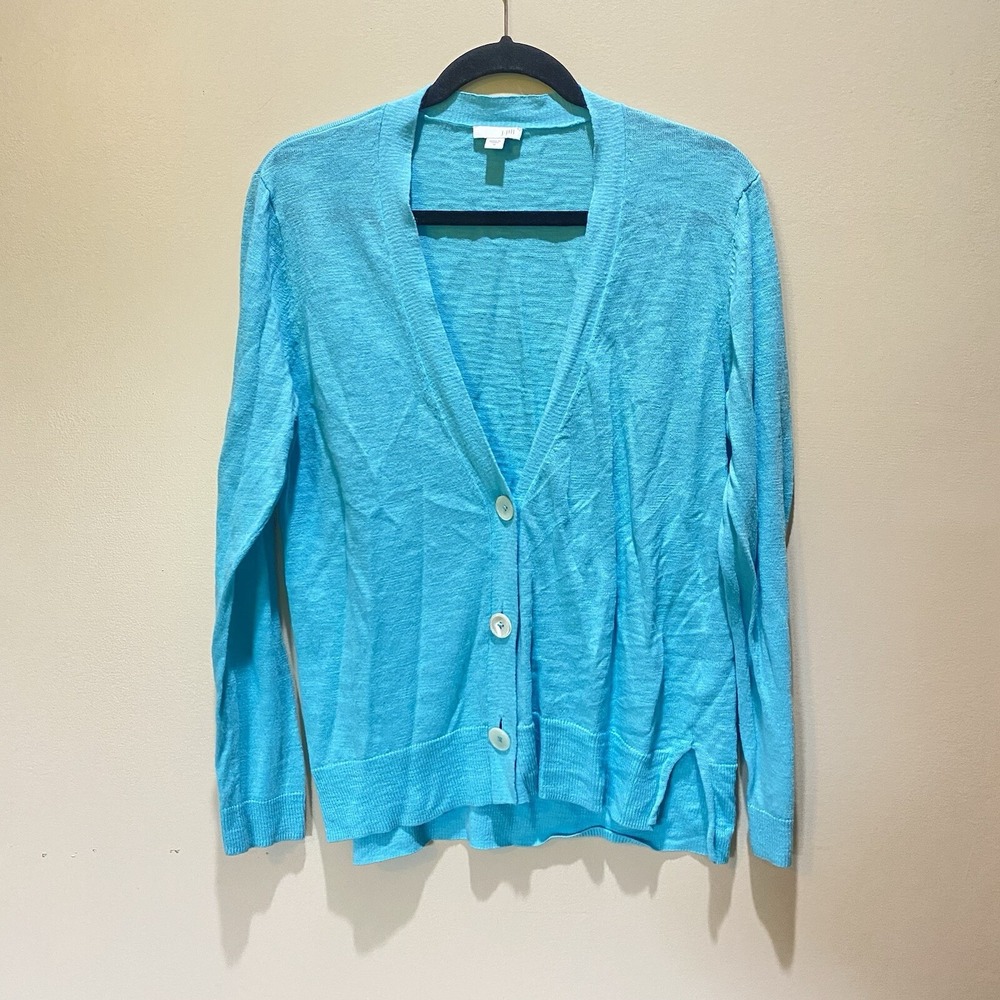 J Jill Cardigan Sweater Womens Size Med Linen‎ Cotton Knit Button Up Aqua Blue